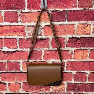 Calvin Klein Brown CK Monogram Crossbody Bag Flap Purse Gold Hardware new